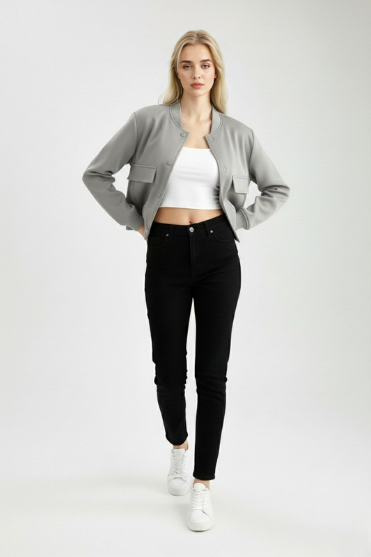 Maison Bomber Jacket | Ribbed O-Neck Button Front Relaxed Silhouette