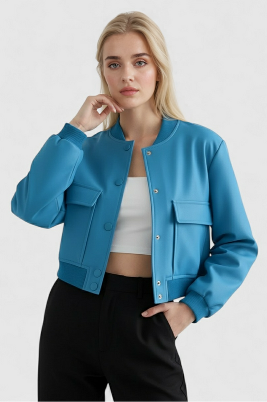 Maison Bomber Jacket | Ribbed O-Neck Button Front Relaxed Silhouette
