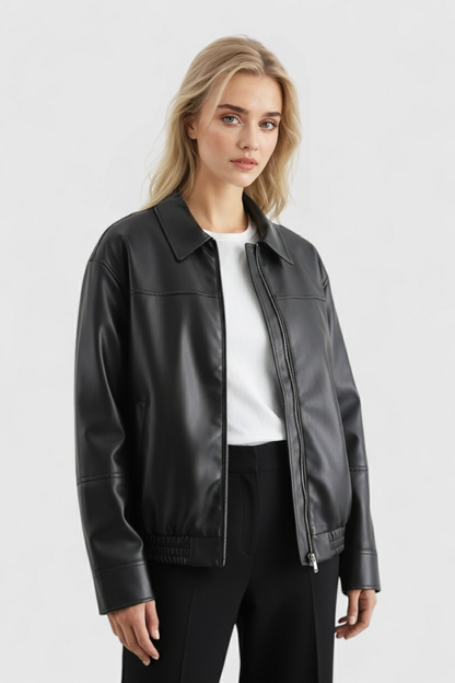Maison Faux Leather Pilot Jacket | Zip Front Turn-Down Collar Autumn