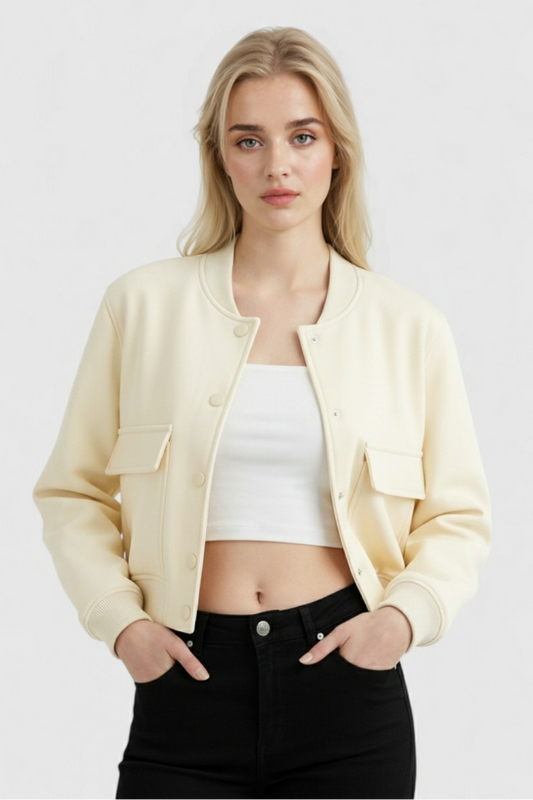 Maison Bomber Jacket | Ribbed O-Neck Button Front Relaxed Silhouette