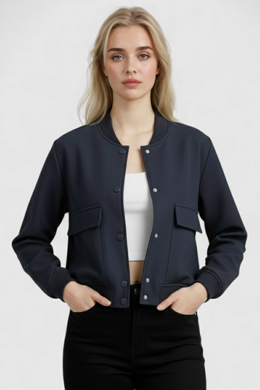 Maison Bomber Jacket | Ribbed O-Neck Button Front Relaxed Silhouette