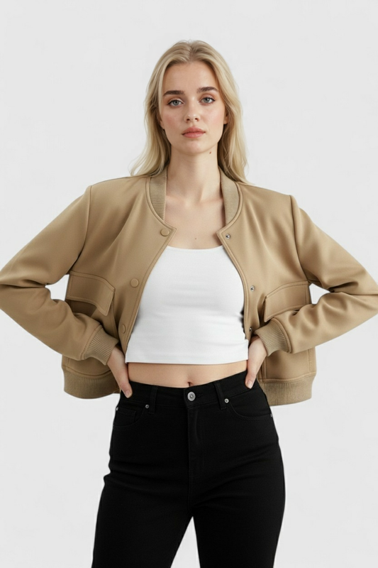 Maison Bomber Jacket | Ribbed Collar Button Front Relaxed Fit