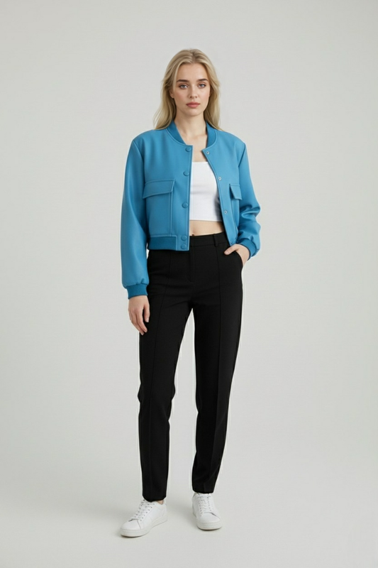 Maison Bomber Jacket | Ribbed O-Neck Button Front Relaxed Silhouette