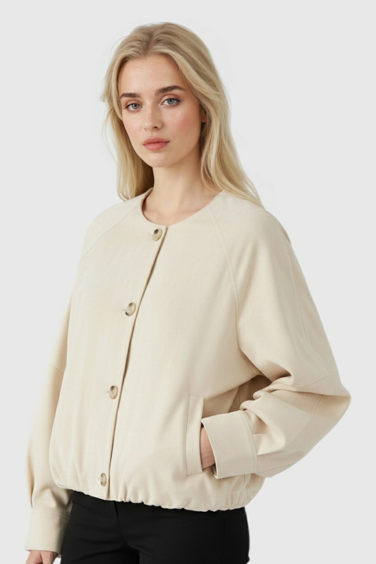 Round Neck PU Jacket | Button Front | Cropped Shape | Raglan Sleeve