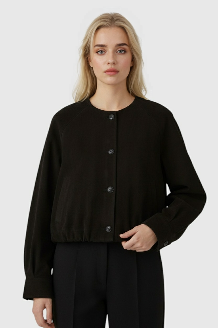 Round Neck PU Jacket | Button Front | Cropped Shape | Raglan Sleeve