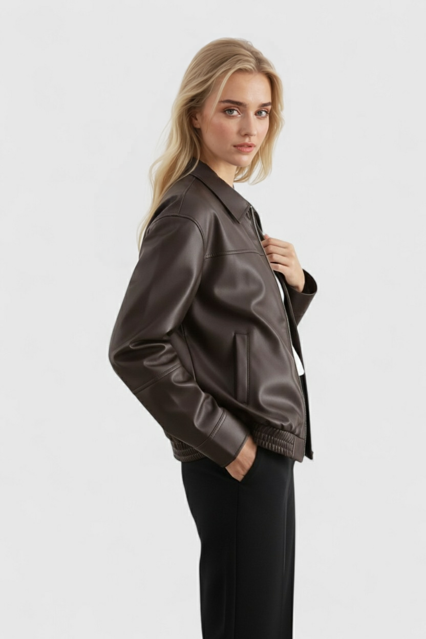 Maison Faux Leather Pilot Jacket | Zip Front Turn-Down Collar Autumn