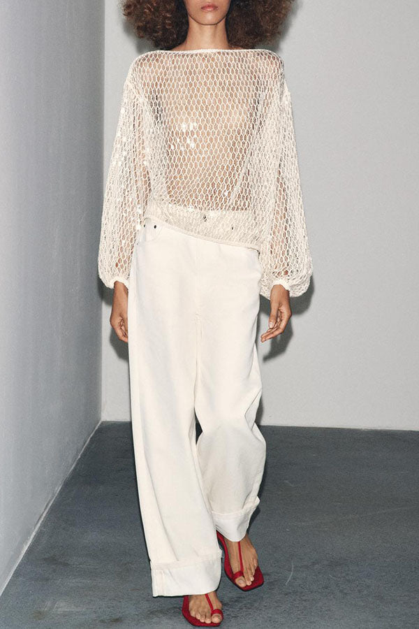 Maja Knit Sequin Hollow Out Wide Neck Balloon Sleeve Loose Cover-up Top