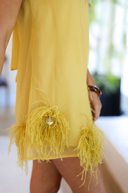 Vibrant Golden Sheer Chiffon Embellished Feather Back Bow H-line Mini Dress