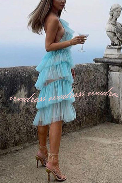 Best Days Patchwork Tulle Sheer Halterneck Pleated Midi Dress