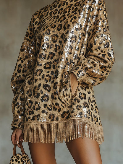 sheenchic Party Metallic Brown Leopard High Collar Lantern Sleeve Long Sleeve Strappy Vintage Pocket Sequin Mini Dresses