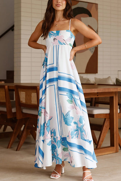 Vestido largo holgado plisado con cuello cuadrado y halter con estampado botánico 