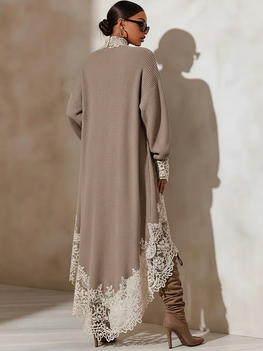 sheenchic Daily Khaki Round Neck Long Sleeve High Low Hem Casual Mini Dresses