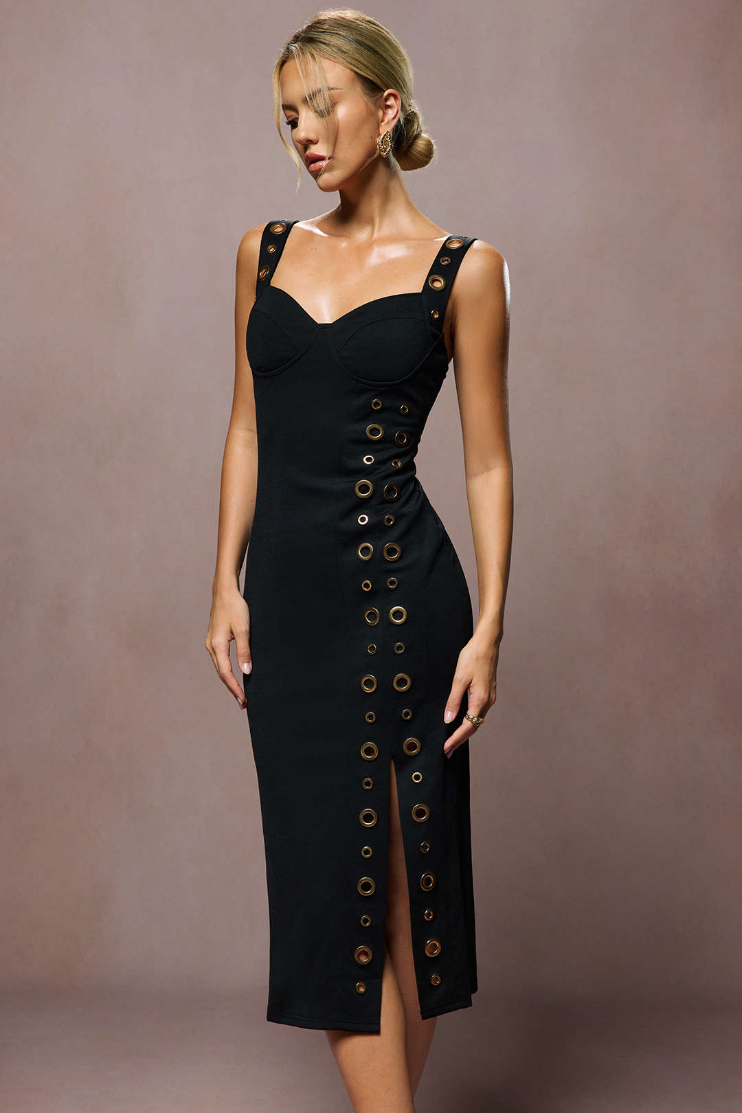 Metallic Eyelet Zipper Sleeveless Midi Dress