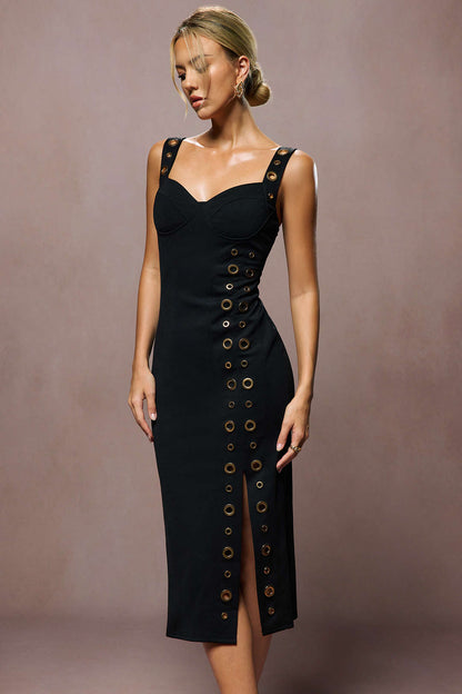 Metallic Eyelet Zipper Sleeveless Midi Dress