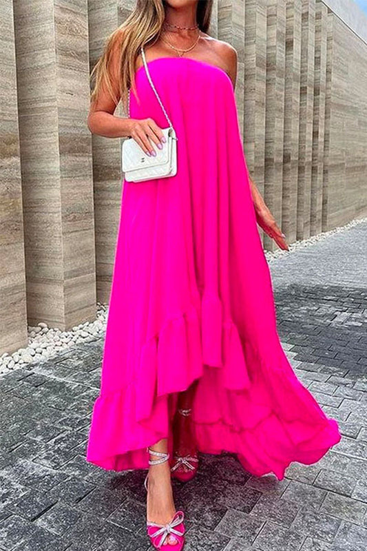 Sleeveless Off Shoulder Irregular Maxi Ruffle Dress
