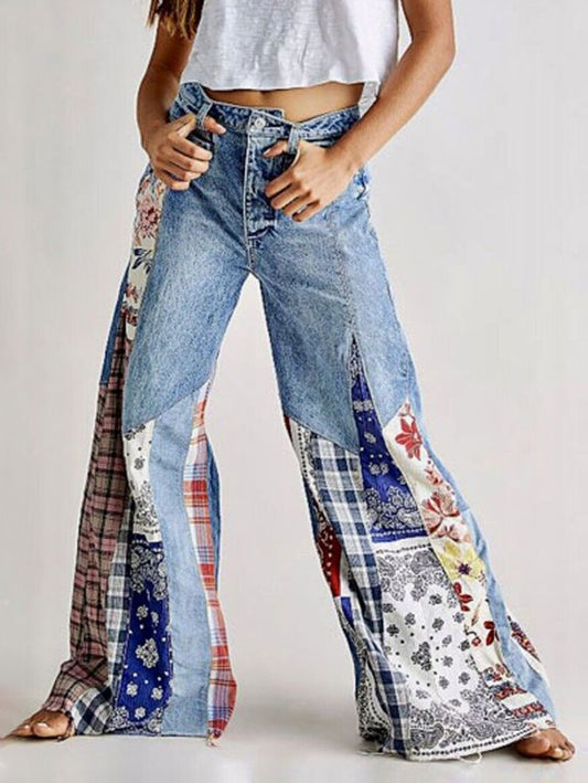 Vintage Denim Boho Patchwork Button High Waist Wide Leg Jeans
