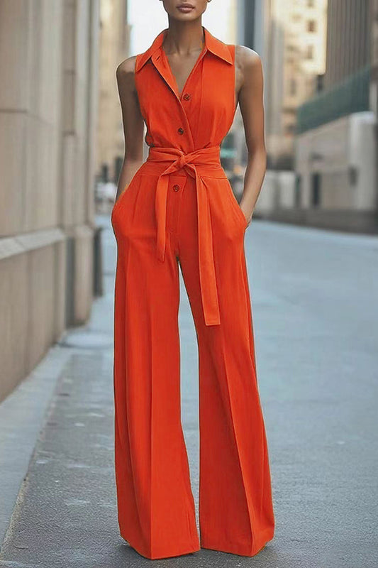 Fashion Lapel Sleeveless High Waist Tie Casual Pocket Wide Leg Jumpsuit