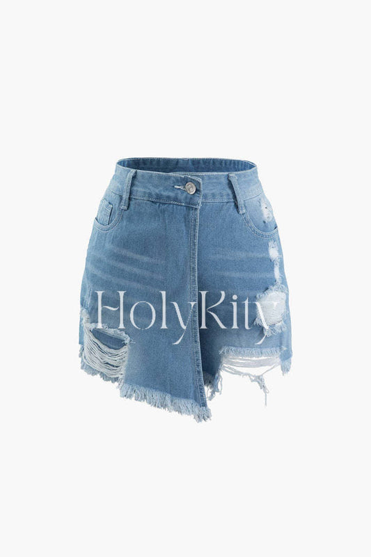 Destroyed Frayed Wrap Denim Shorts