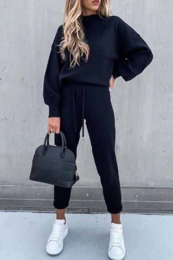 Casual Solid Color High Collar Pencil Pants Suits