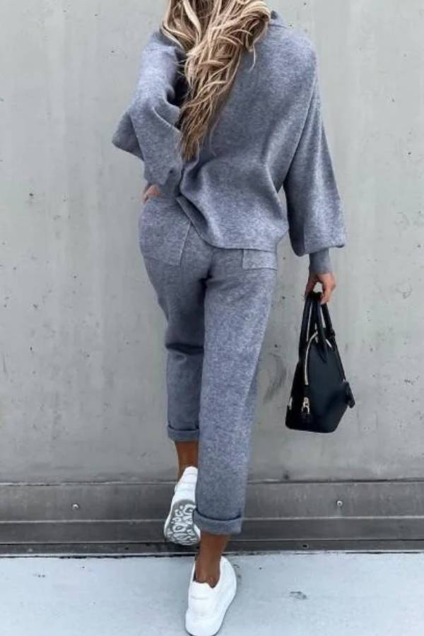 Casual Solid Color High Collar Pencil Pants Suits