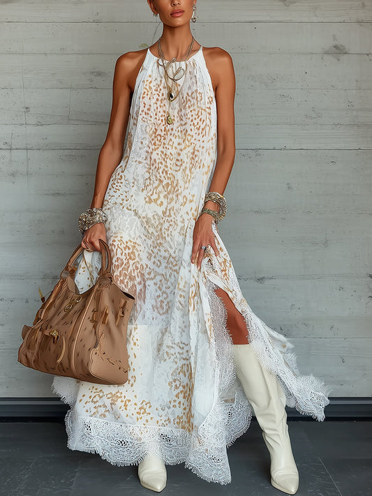 White Chiffon Leopard Print Lace-Trim Halter Maxi Dress
