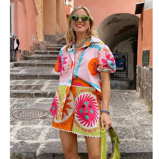 Puff Sleeve Printed Shirt and Shorts