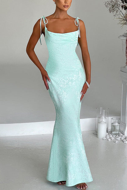 Jacquard Fabric Elegant Suspender Tie Slim Fishtail Maxi Dress