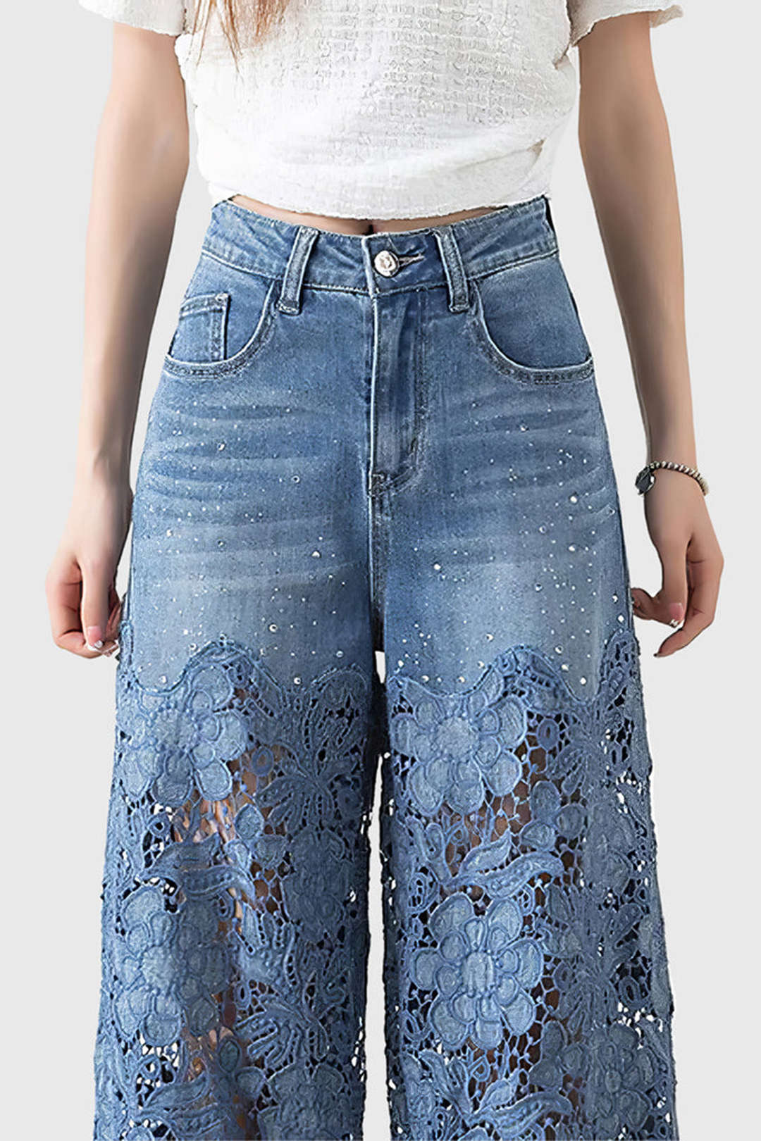 Lace Panel High Waisted Denim Pants
