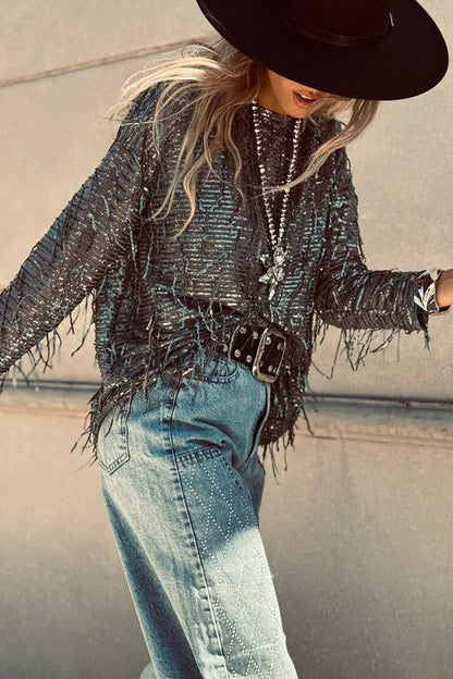 Party Crasher Sequin Tassle Fabric Long Sleeve Loose Top
