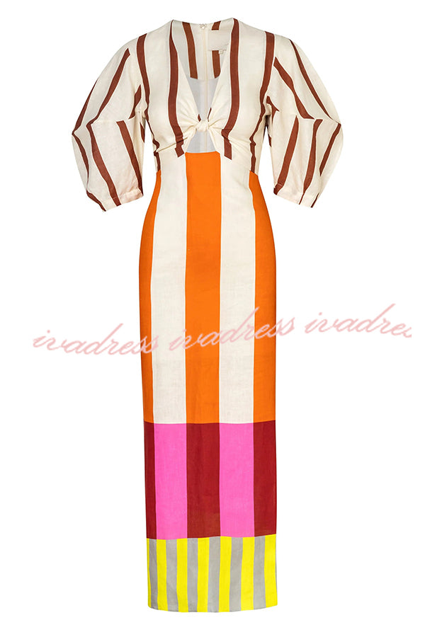 Vestido largo Kaya de mezcla de lino con estampado de bloques de color, abertura frontal, nudo y mangas abullonadas 