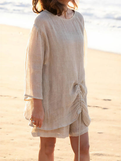 sheenchic Vacation Khaki Round Neck 3/4 Sleeve Ruched Casual Pocket Linen Two Piece Short Sets [Pre-Order]