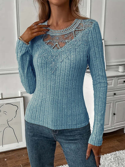 Valentines Grey Round Neck Long Sleeve Cut Out Casual Contrast Lace Blouses