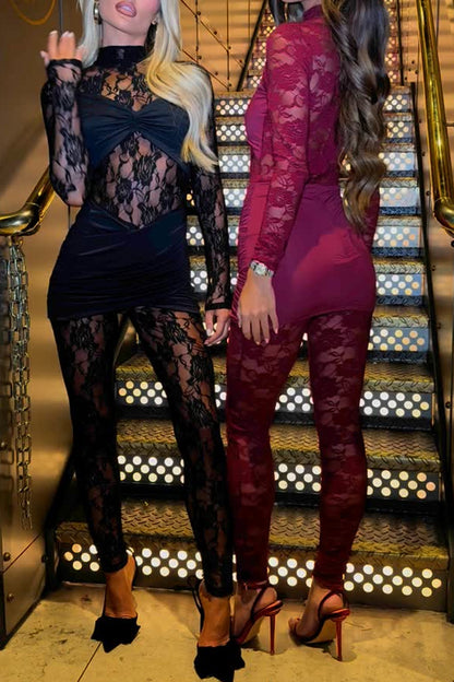 Slidell Lace Patchwork Twist Bust and Wrap Skirt Stretch Jumpsuit