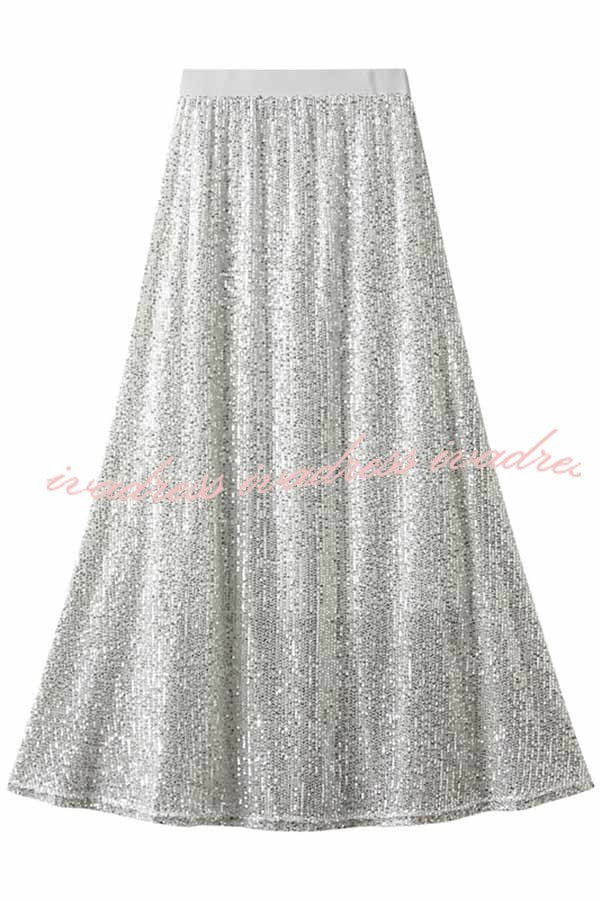 Golden Evening Sequin Elastic Waist Maxi Skirt