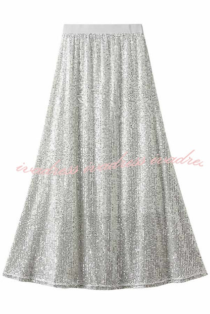 Golden Evening Sequin Elastic Waist Maxi Skirt