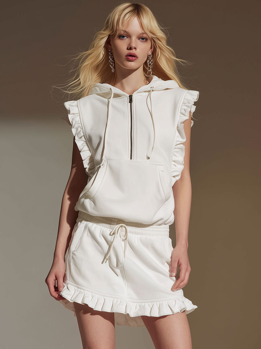 Stylish Sporty White Hooded Sleeveless Ruffled Sweatshirt And Skirt Set