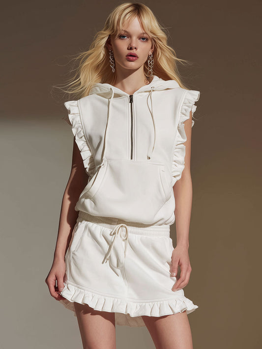 Stylish Sporty White Hooded Sleeveless Ruffled Sweatshirt And Skirt Set
