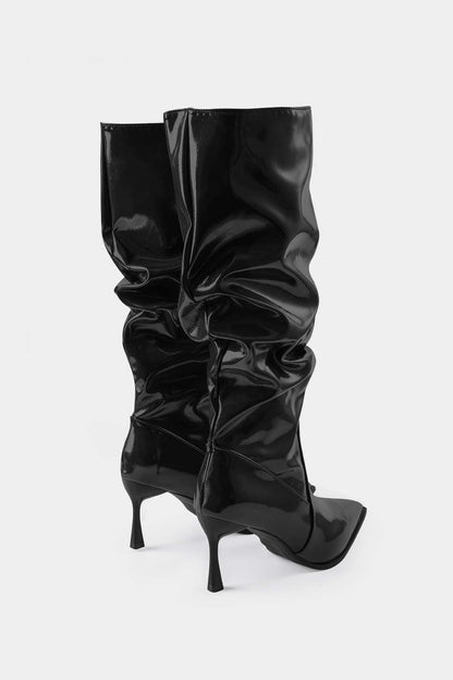 Faux Leather Ruched Pointed Toe Knee High Boots