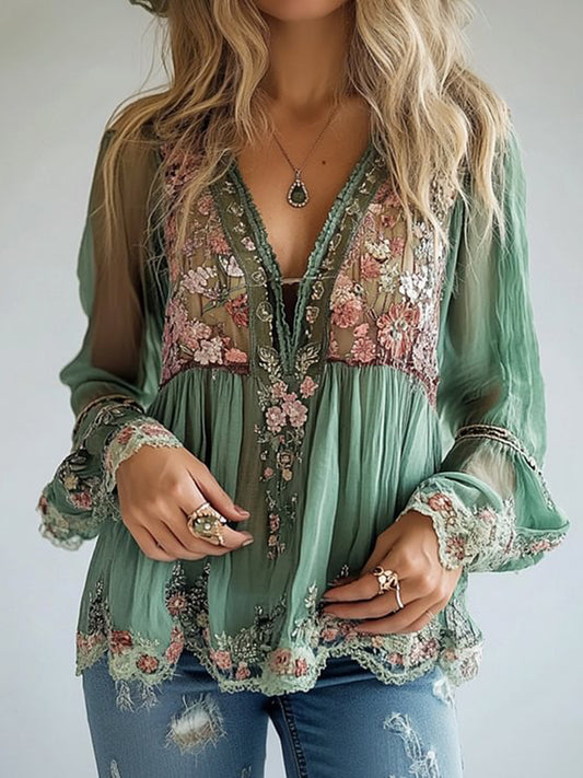 sheenchic Floral Pattern V Neck Semi-Transparent Long Sleeve Blouse