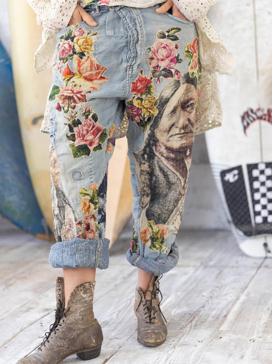 Denim Floral Character Patterns Patchwork Straight Leg Jeans