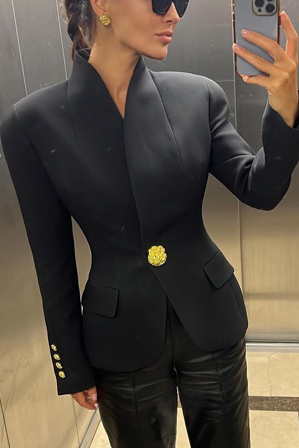Classic Luxury Unique Metal Button Stand Collar Long Sleeve Blazer