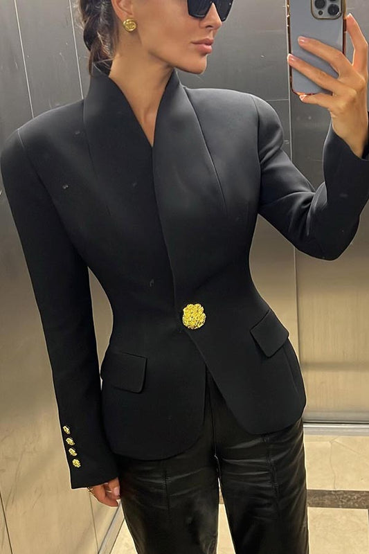 Classic Luxury Unique Metal Button Stand Collar Long Sleeve Blazer