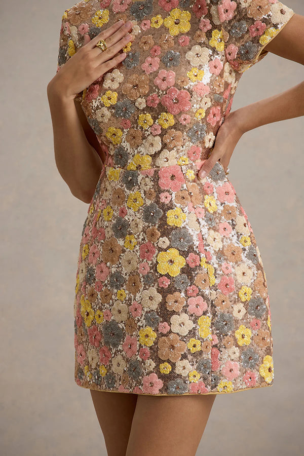 80's Inspired Floral Print Sequin Short Sleeve Stretch Mini Dress