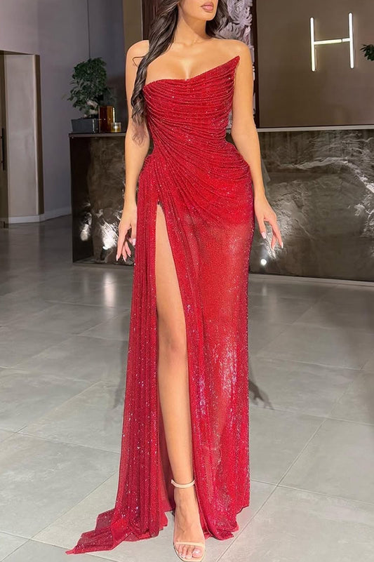 Lysette Sequin Pleated Design Irregular Off-shoulder Slit Drape Gown Maxi Dress