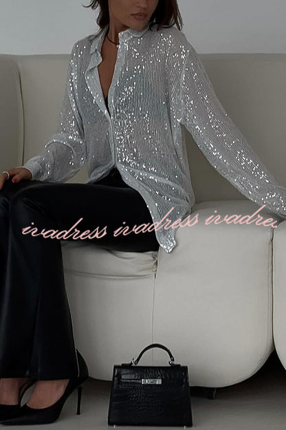 Fashion Sequin Lapel Long Sleeve Loose Shirt