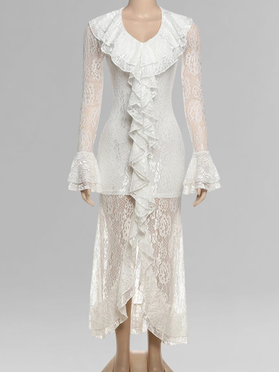 Daily White V Neck Long Sleeve Ruffle Casual Asymmetric Hem Lace Midi Dresses
