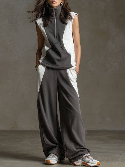 Retro Gray And White Sleeveless Sweatshirt And Wide-leg Pants Set