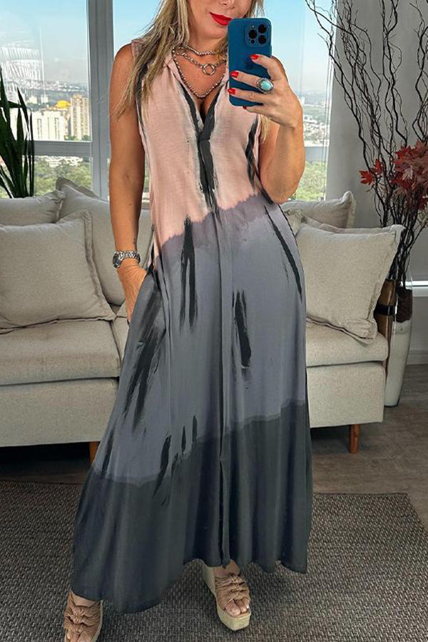 Vestido largo informal sin mangas con cuello en V y estampado único 