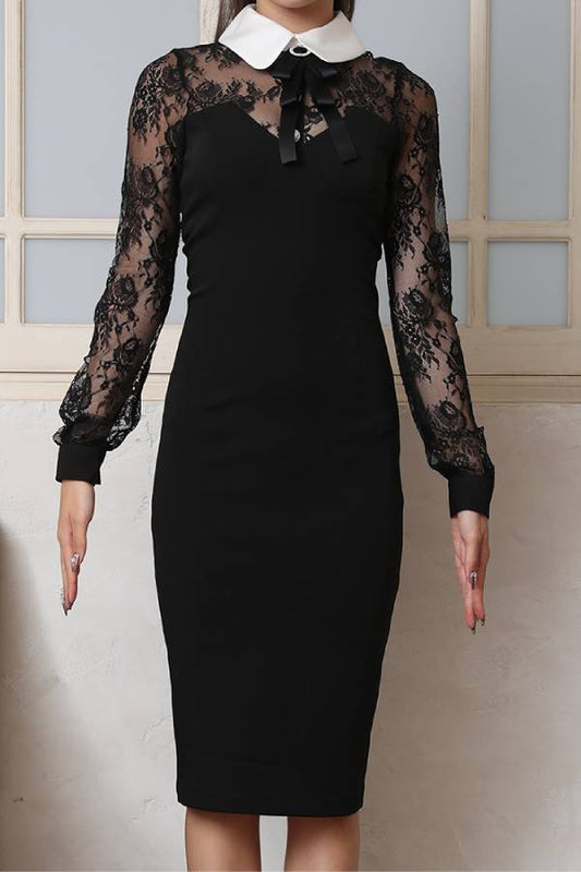 Aliya Lace Detachable Bow Collar Long Sleeve Stretch Midi Dress