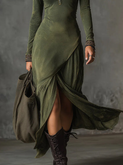 Daily Green Turndown Collar Long Sleeve Asymmetric Hem Western Zipper Chamois Midi Dresses